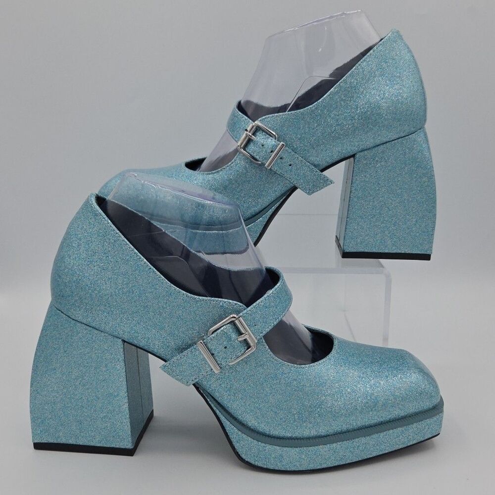 GB 2 Night Green Glitter Mary Jane Platform Pumps Size 9 Block Heel Chunky EUC